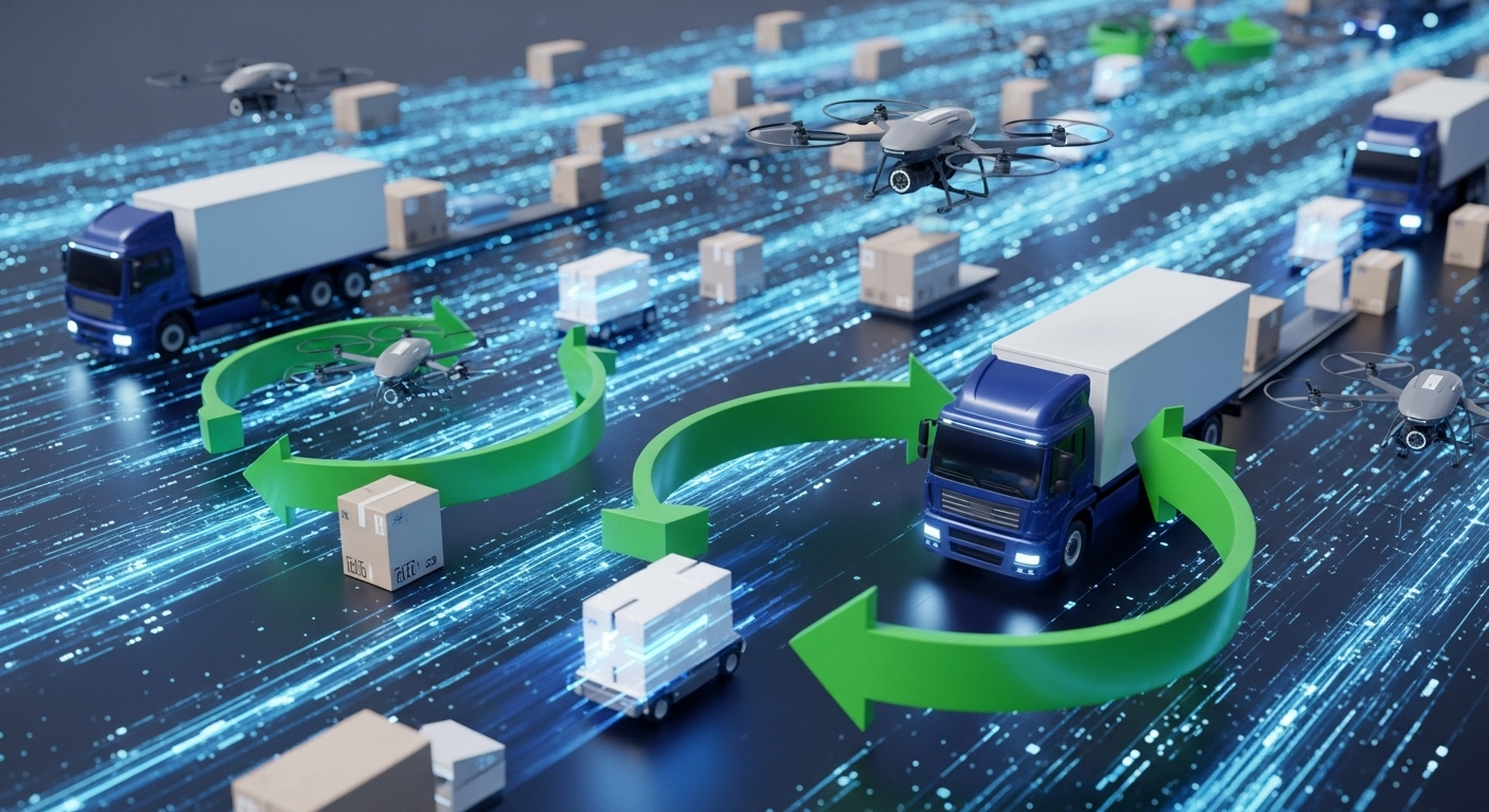 Futuristic supply chain with AI, drones, and circular economy symbols